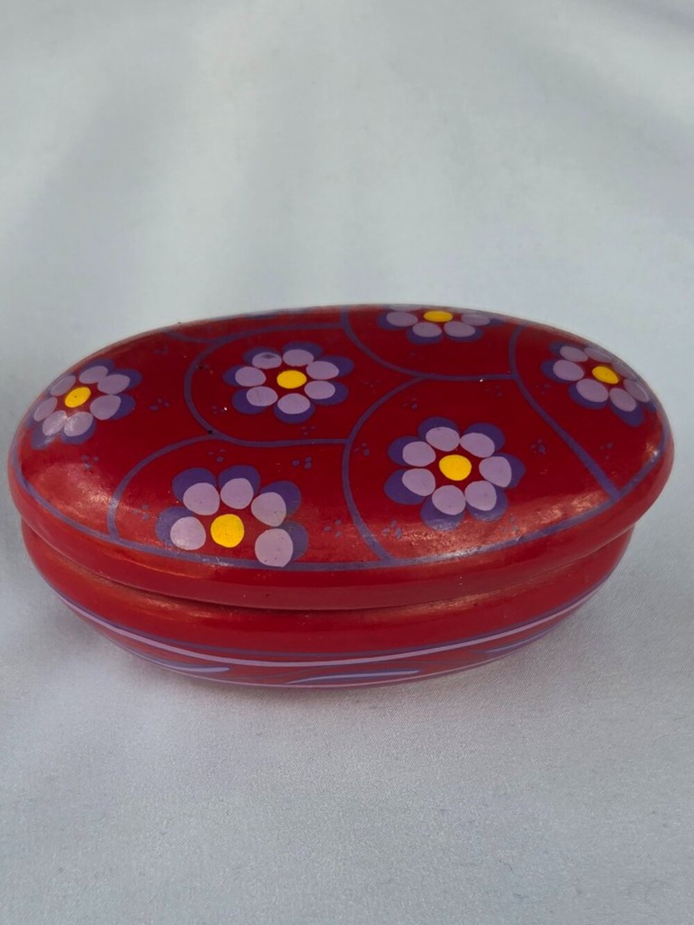 Vintage Mexican Folk Art Red Clay Pottery Oval Trinket Box Hand Painted Floral